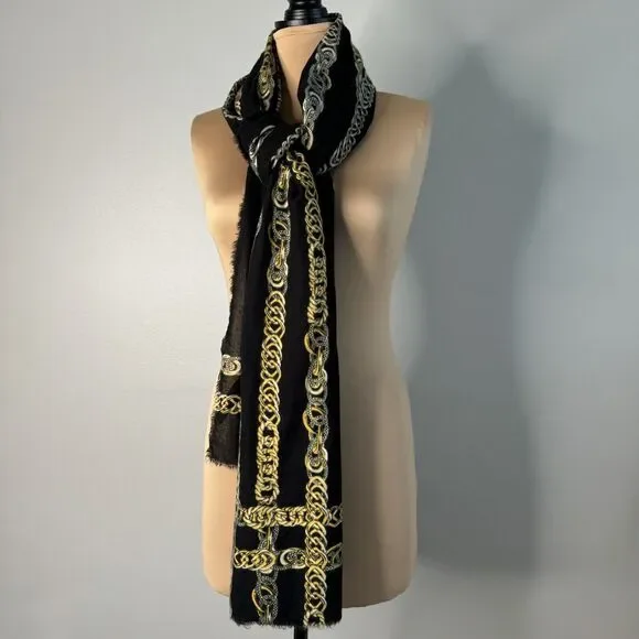 Black Chain Oversized Scarf Wrap Throw Fringe Soft Cozy Fall - Picture 5 of 7